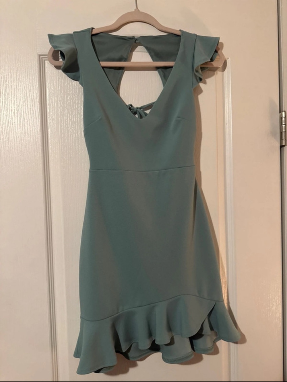 Teal Ruffle-Hem V-Neck Dress